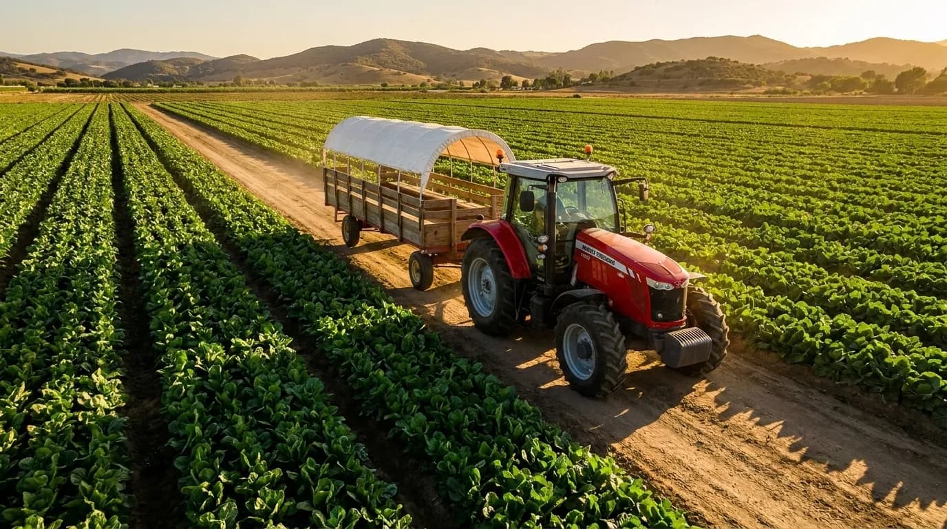 Red tractor pulling a wagon through vegetable fields at Underwood Family Farms in Moorpark