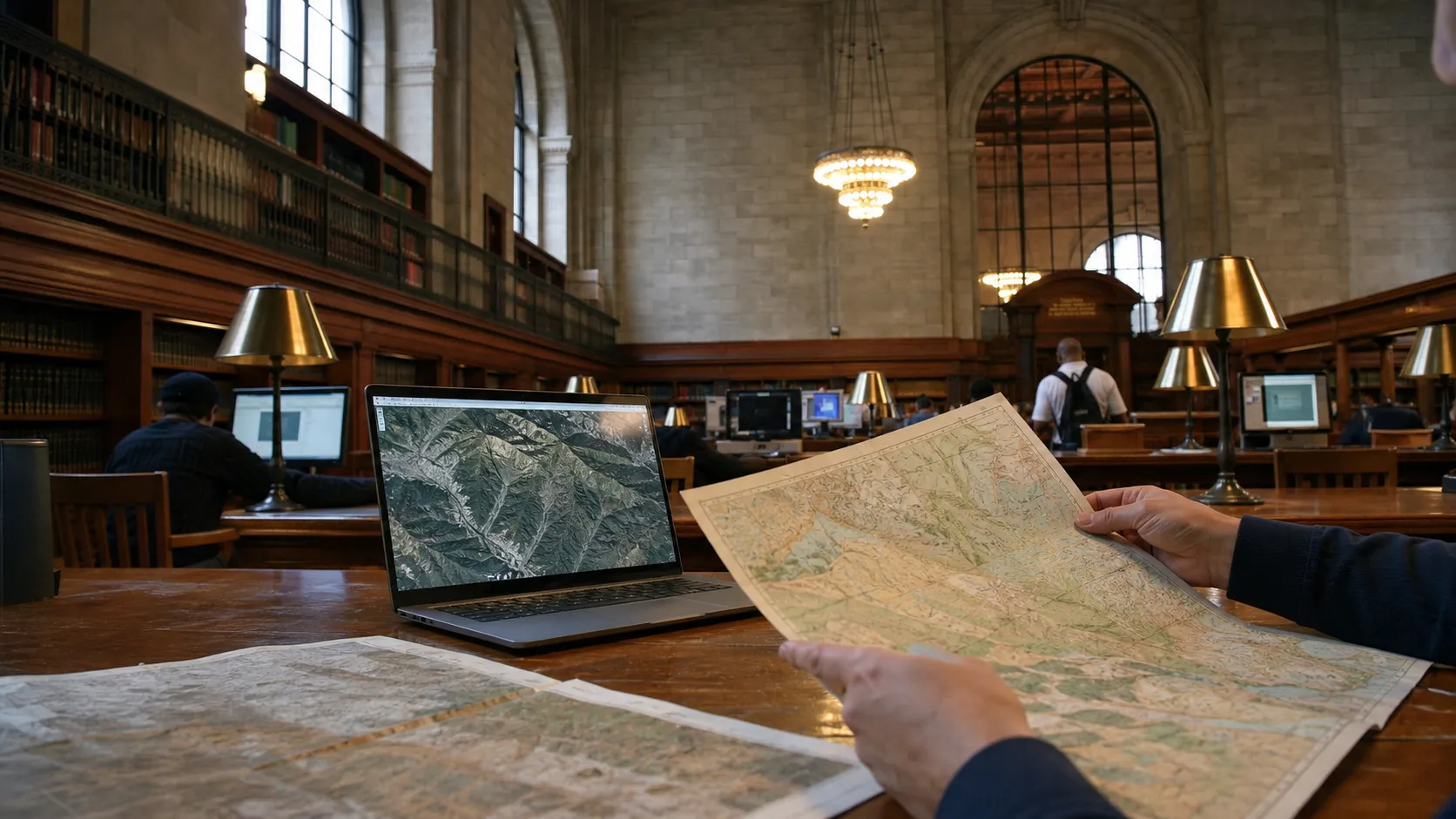 A person studies printed maps and a laptop in a New York library reading room.