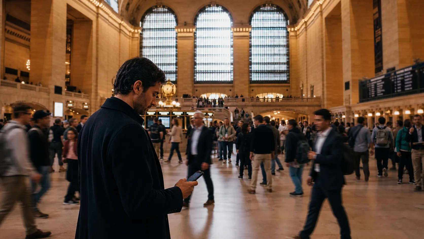 Commuters cross Grand Central Terminal as one person checks news on a phone.