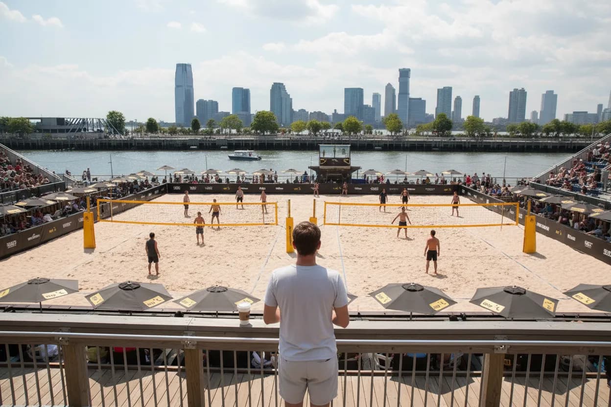 NYC experience scene for Pier 25 Beach Volleyball for a Downtown Doubles Night Before Drinks