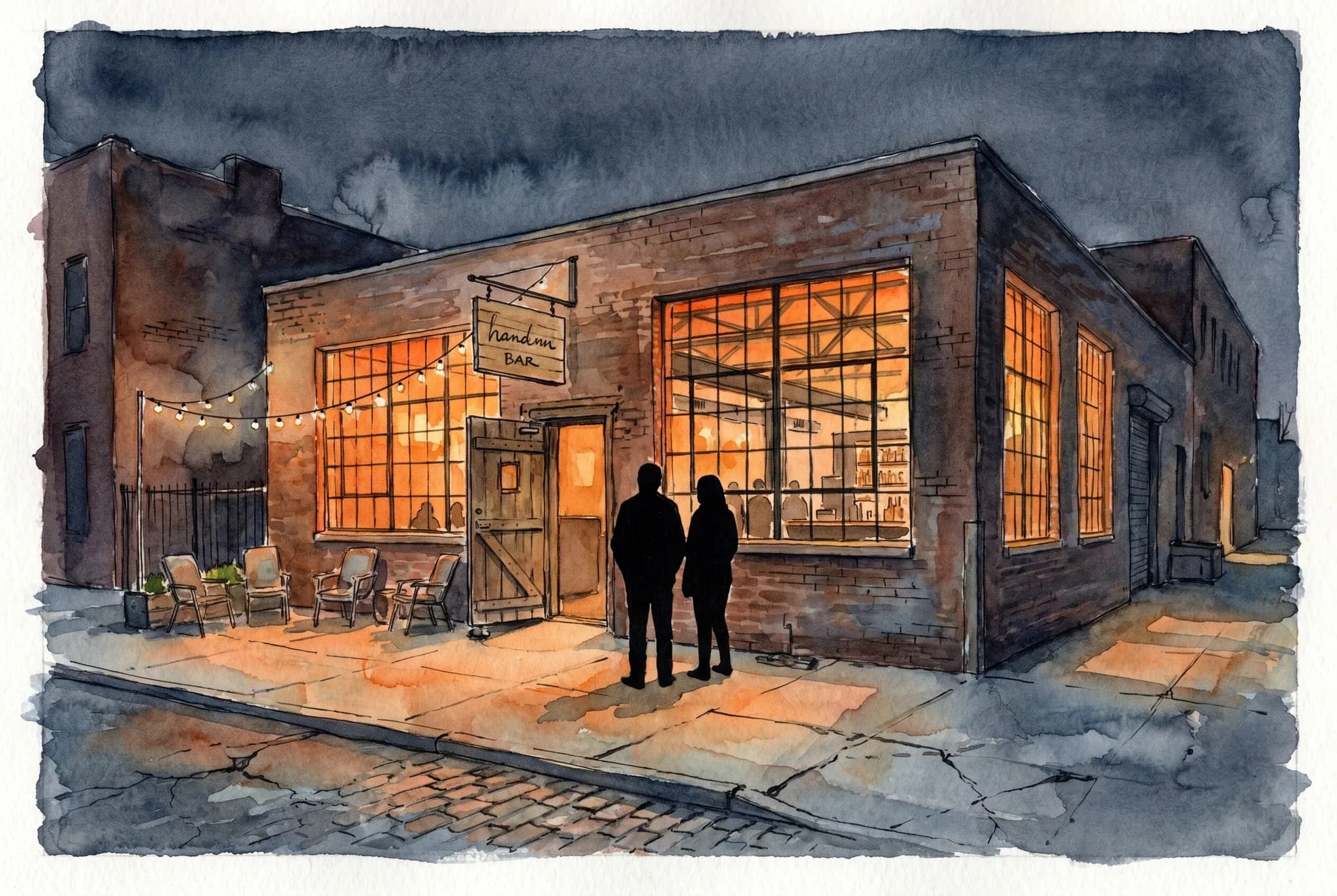 AI-generated watercolor: nighttime exterior of an industrial Brooklyn bar, warm amber windows glowing from inside a low brick warehouse, string lights above a patio, two silhouetted figures at the entrance
