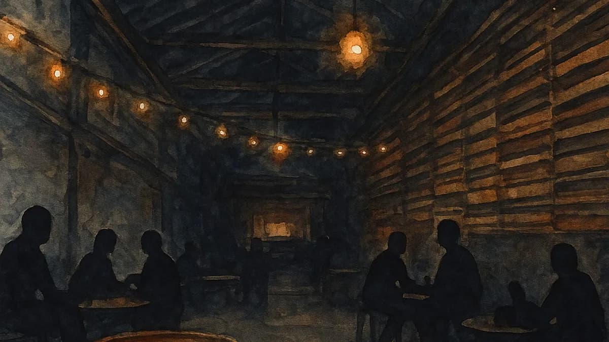AI-generated watercolor: interior of an industrial bar with dramatically high factory ceilings, rusted oil drum halves as low foreground tables, wooden pallet-rib paneling on dark walls, warm amber string lights, pure silhouetted figures seated around tables