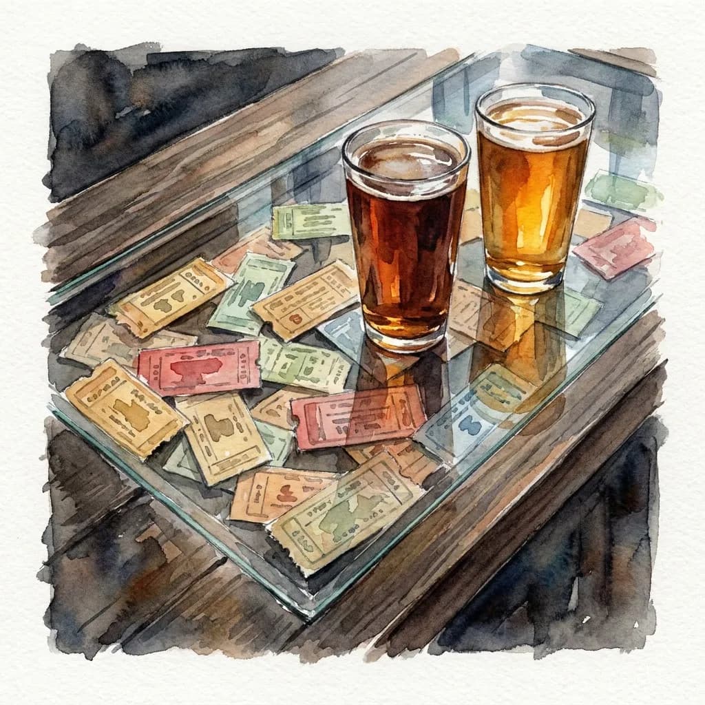 AI-generated watercolor: close-up still life of a plexiglass bar top with overlapping vintage concert ticket stubs visible beneath, two pint glasses of dark craft beer on the surface, warm amber light, watercolor stubs in ochre, faded red, and pale green
