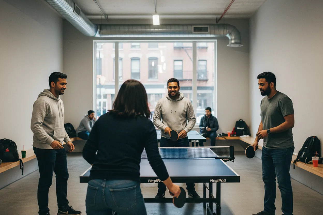 NYC experience scene for PingPod Astoria: A Low-Pressure Table Tennis Night for Mixed-Skill Groups