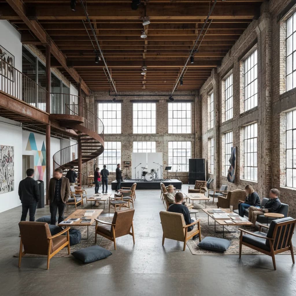 Editorial-style realistic scene inspired by Pioneer Works in New York.