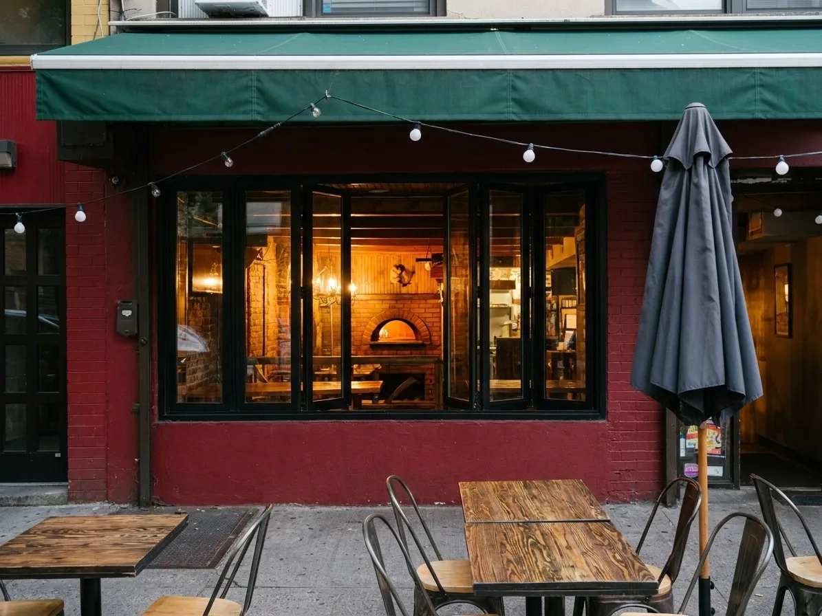 The red brick frontage of an East Village pizzeria at dusk with a green awning, folding windows open and a brick oven glowing orange inside