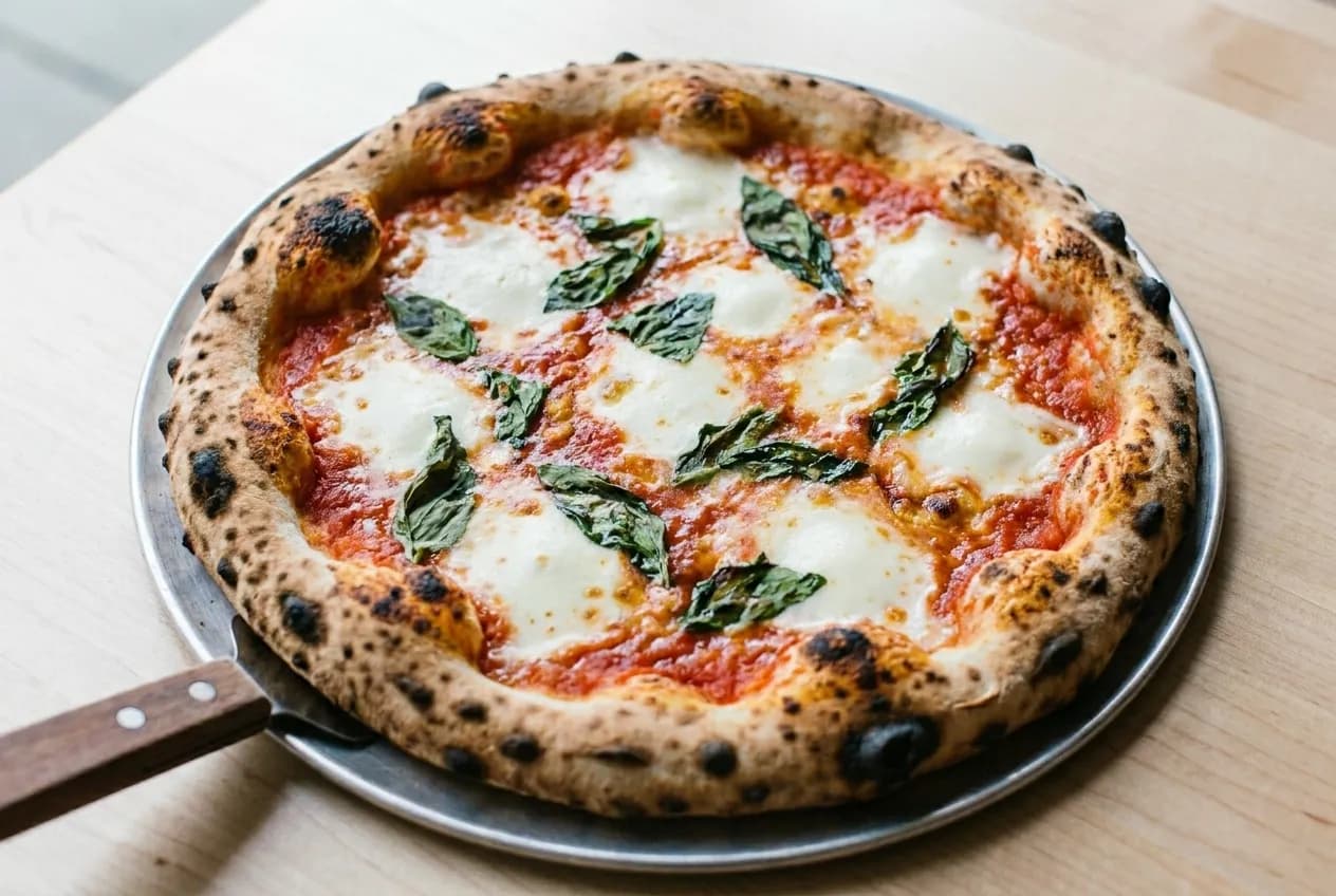 A blistered Neapolitan pizza with charred crust on a plain plate on a pale wooden table