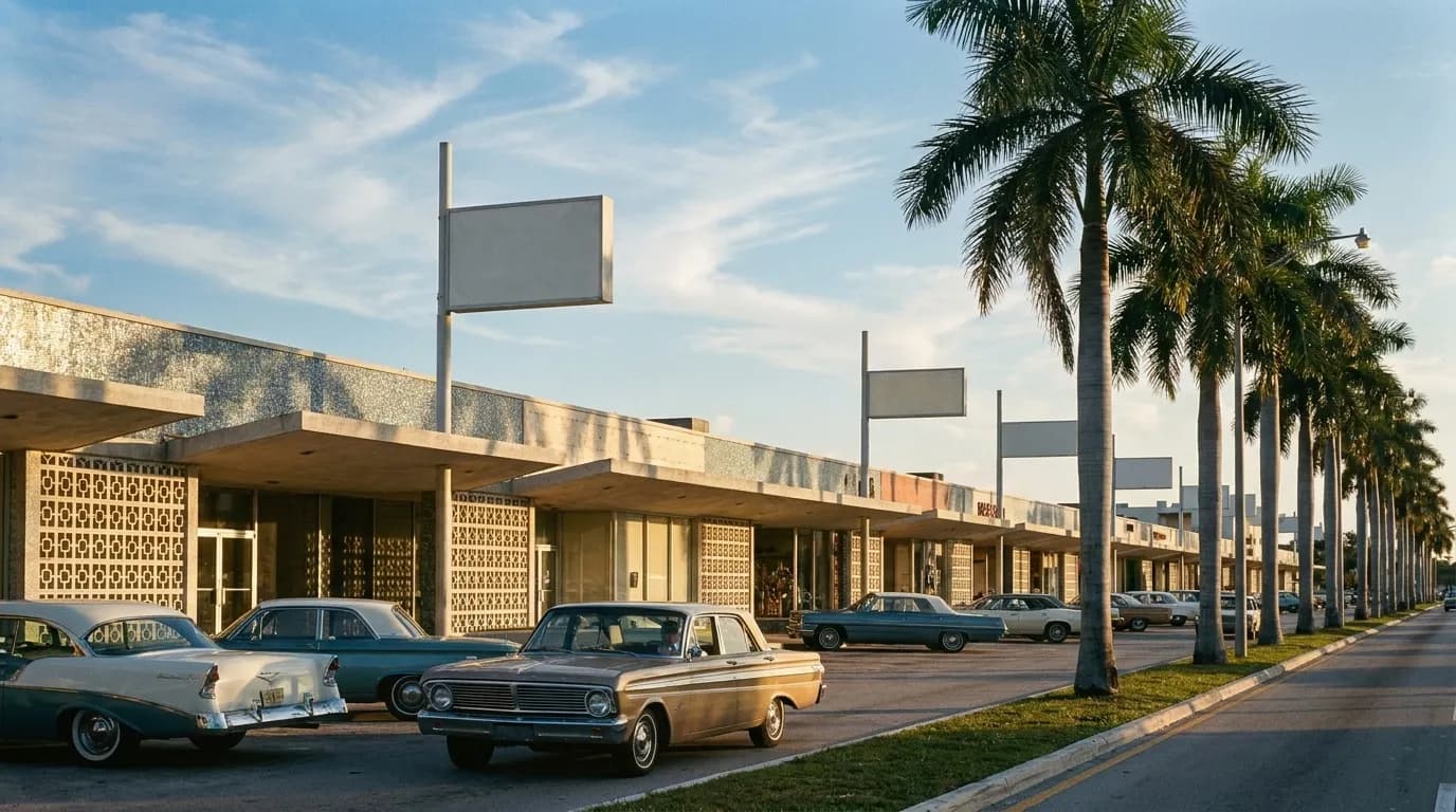 A row of low mid-century modern storefronts with cantilevered canopies and tall palms on a Miami boulevard