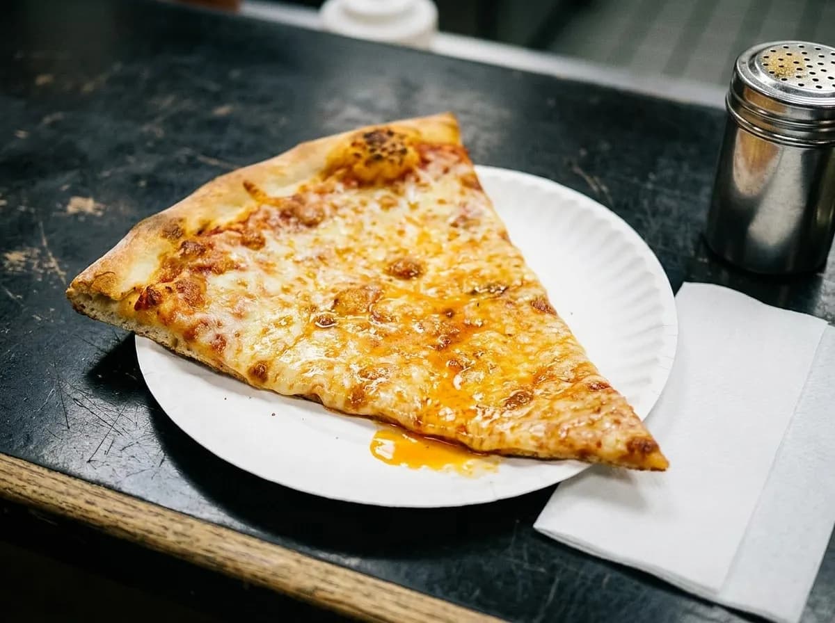 A wide plain slice of pizza on a paper plate on a counter under hard fluorescent light