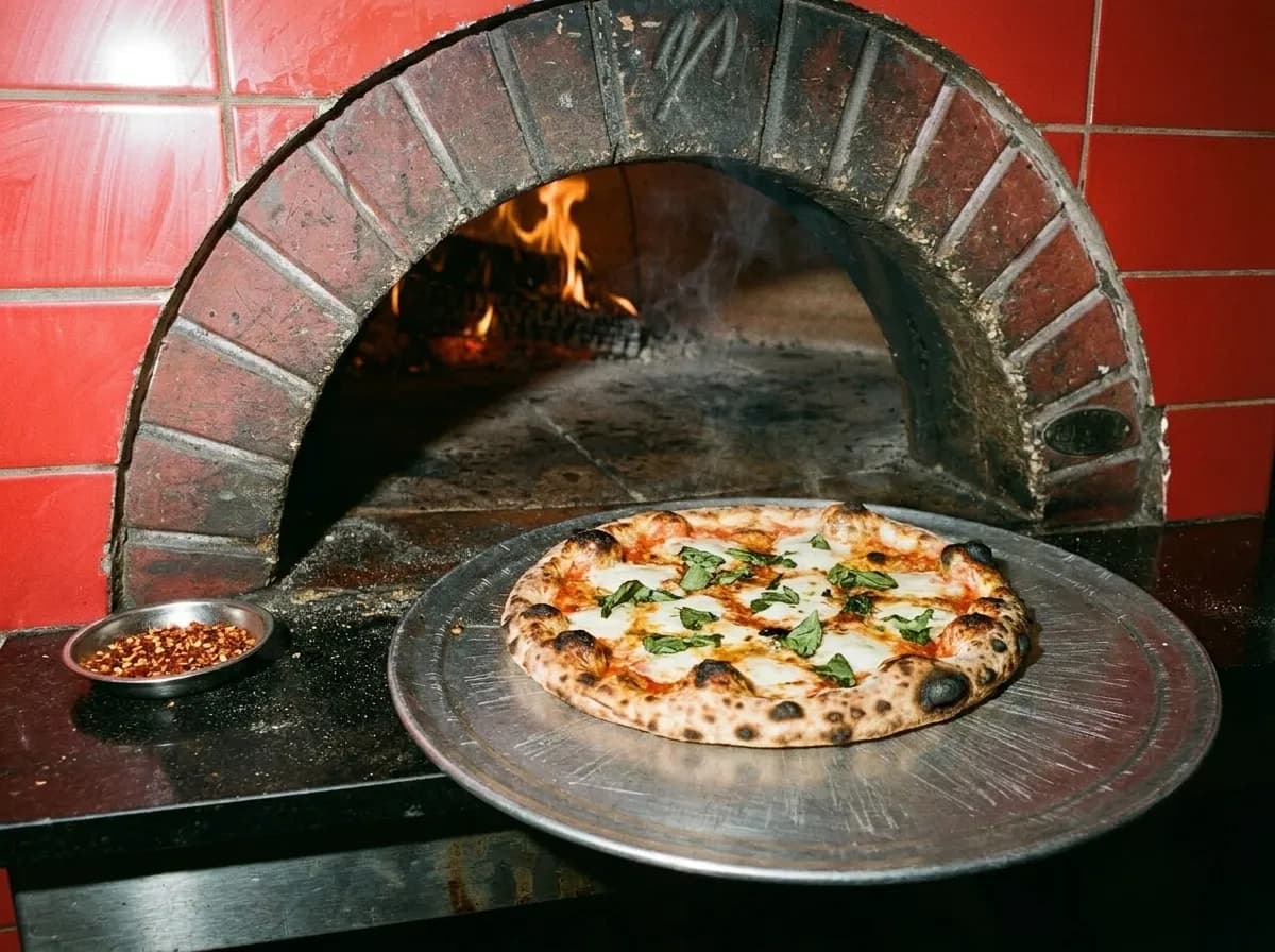 A thin blistered pizza with charred edges on a scratched metal tray beside a dish of chilli flakes on marble