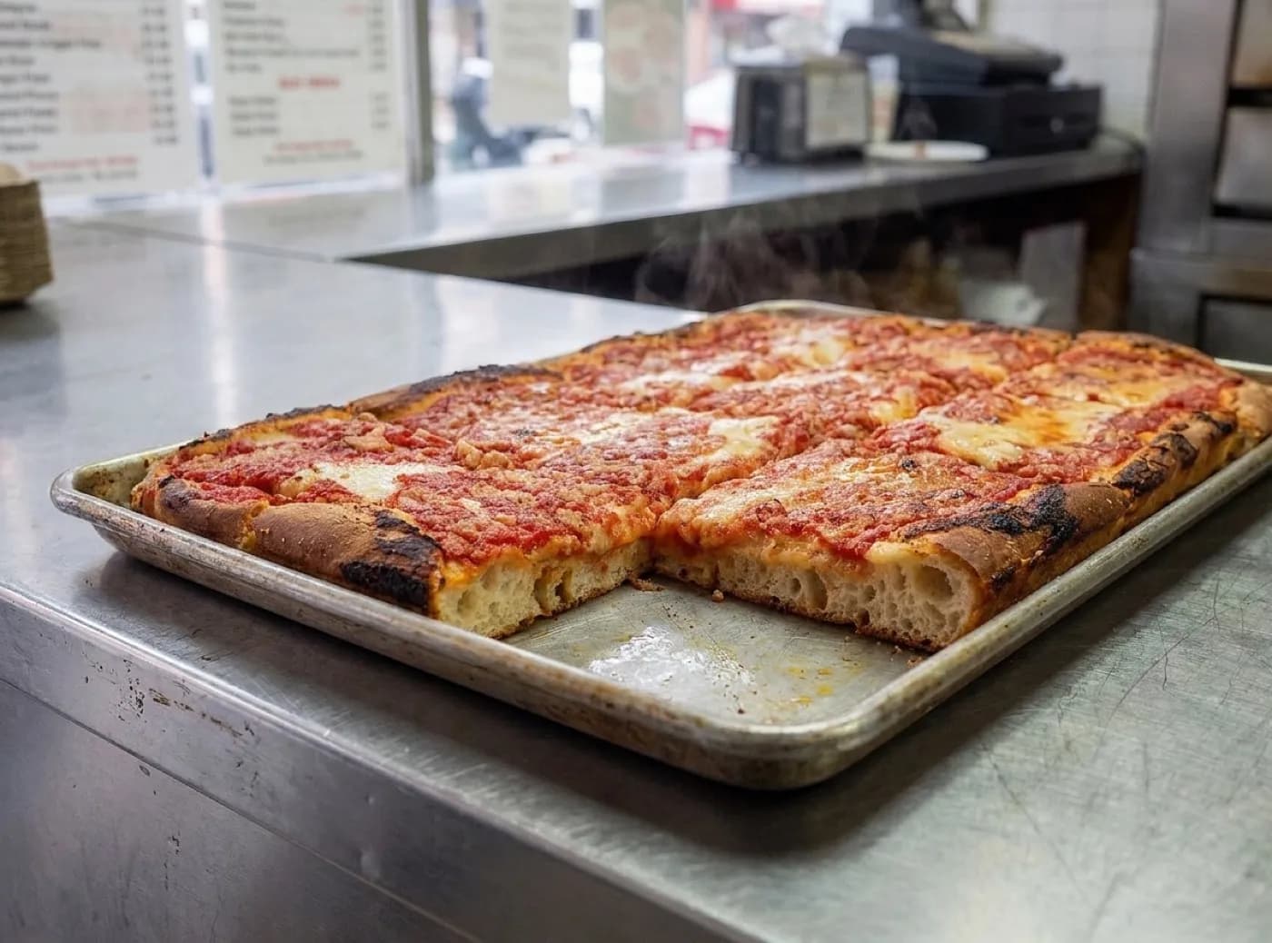 A tray of square-cut Sicilian pizza on a metal counter in a slice shop, thick crust edges browned, cheese under sauce, seen from a low angle
