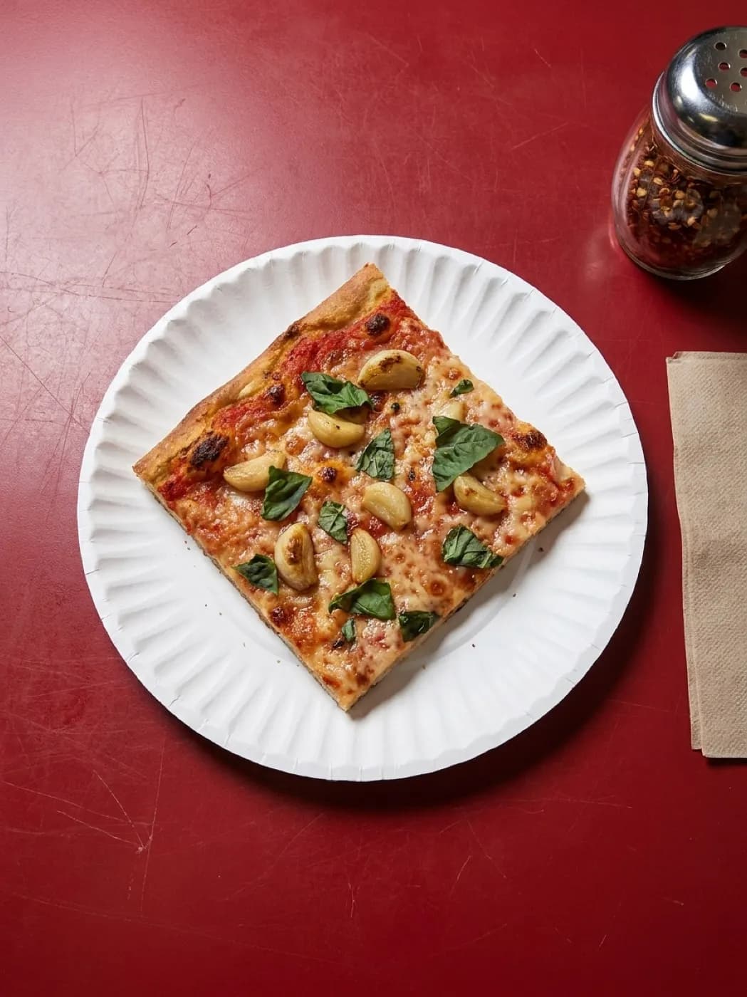 A single grandma slice on a paper plate on a red laminate table with a shaker of chilli flakes and a folded napkin