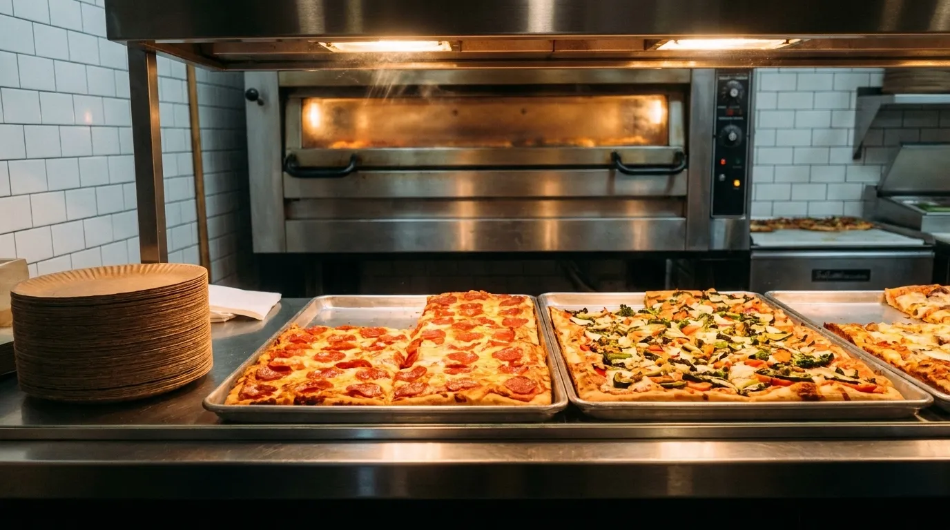 A takeaway pizza slice counter with trays under warm lamps, a stack of paper plates and a deck oven glowing behind