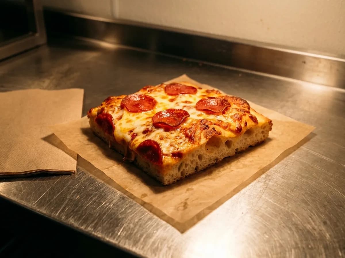 A square focaccia-style pizza slice on paper on a stainless counter with a folded napkin beside it