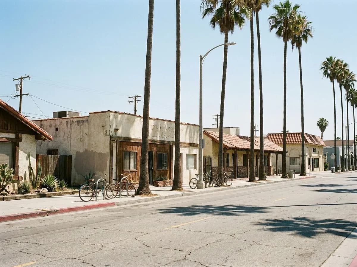 A low-rise Southern California boulevard of small stucco shopfronts with tall palms in hard afternoon sunlight