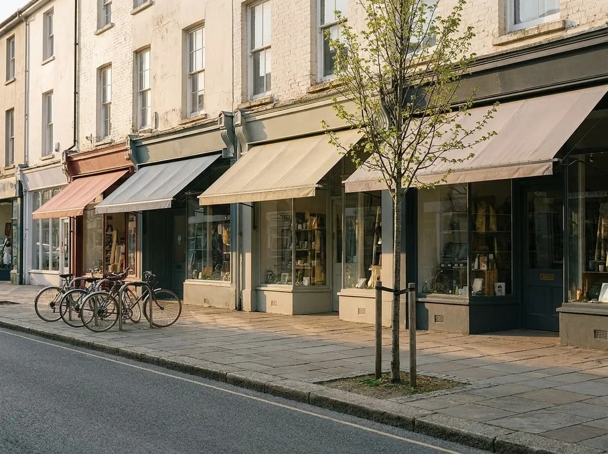 A low-rise boulevard of small shopfronts with palm trees and parked bikes under bright afternoon light