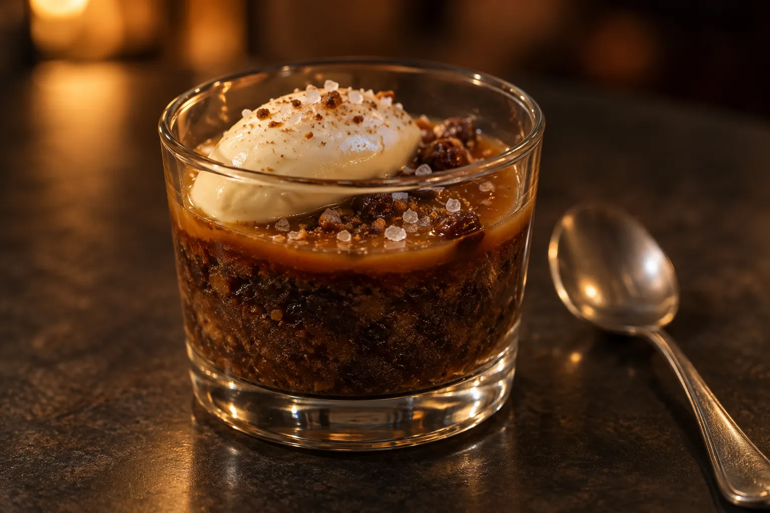 A small glass of dark butterscotch pudding with a caramel layer, cream and coarse sea salt on top, a spoon resting beside it on a dark table