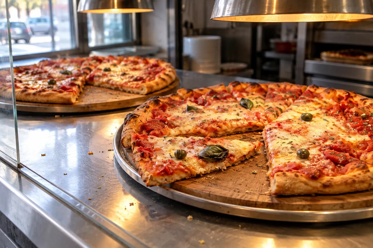 Two large cut pizzas on round trays under a warming lamp at a slice counter, one wedge lifted away, window light spilling from the left