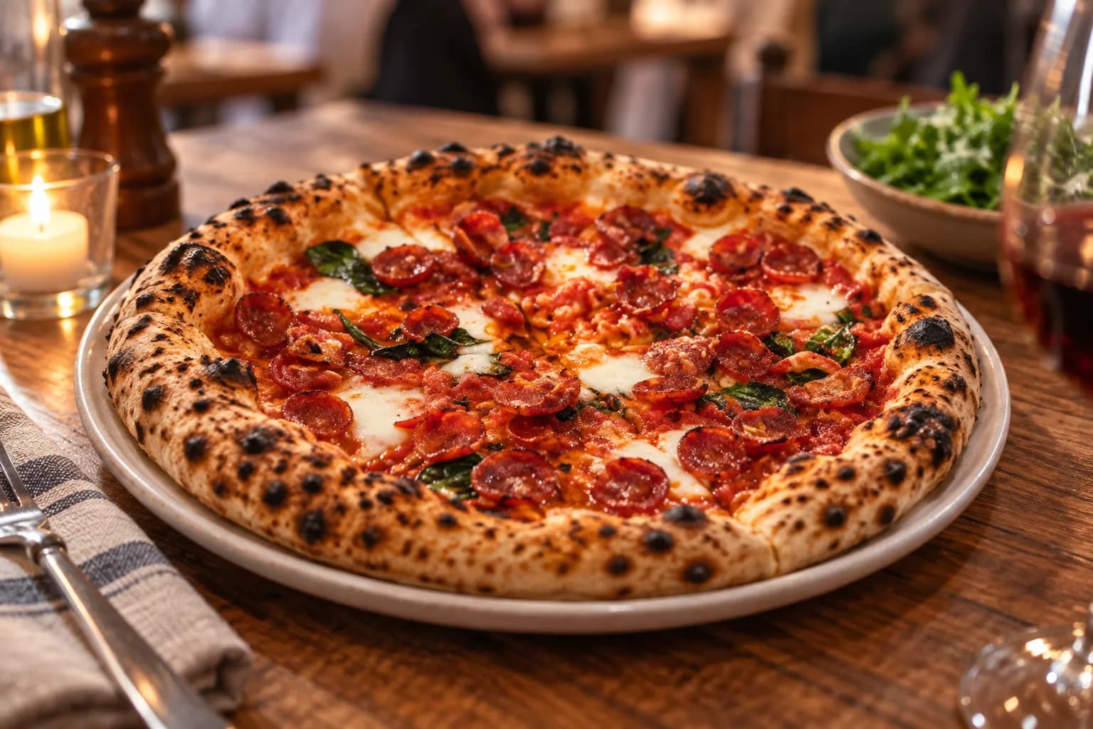 A Neo-Neapolitan pizza with a puffed leopard-spotted rim, fior di latte and basil, resting on a pale ceramic plate