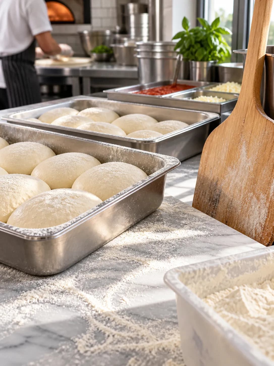 Trays of proofed pizza dough balls on a stainless bench beside a flour bin and a wooden peel in a bright restaurant kitchen