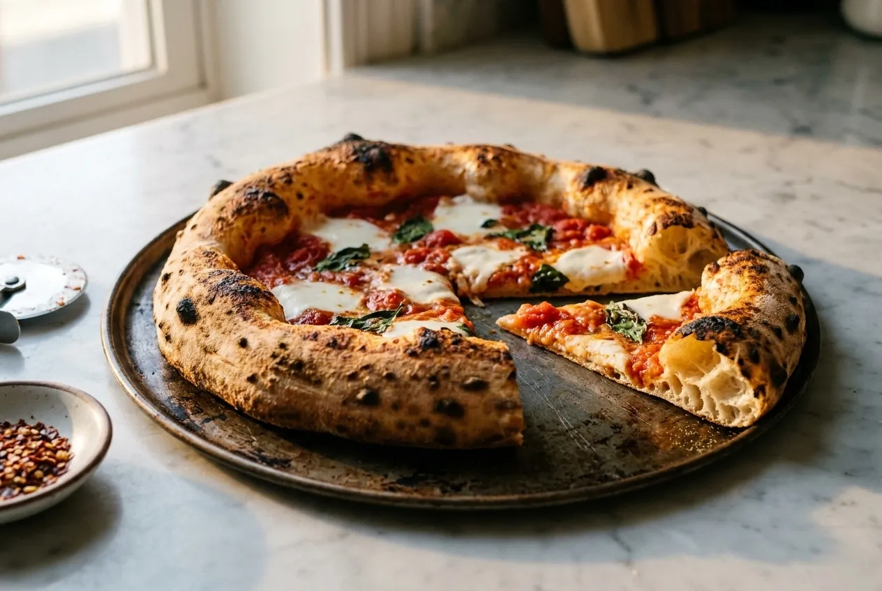 A blistered wood-fired pizza with a puffed rim on a metal pan on a marble counter