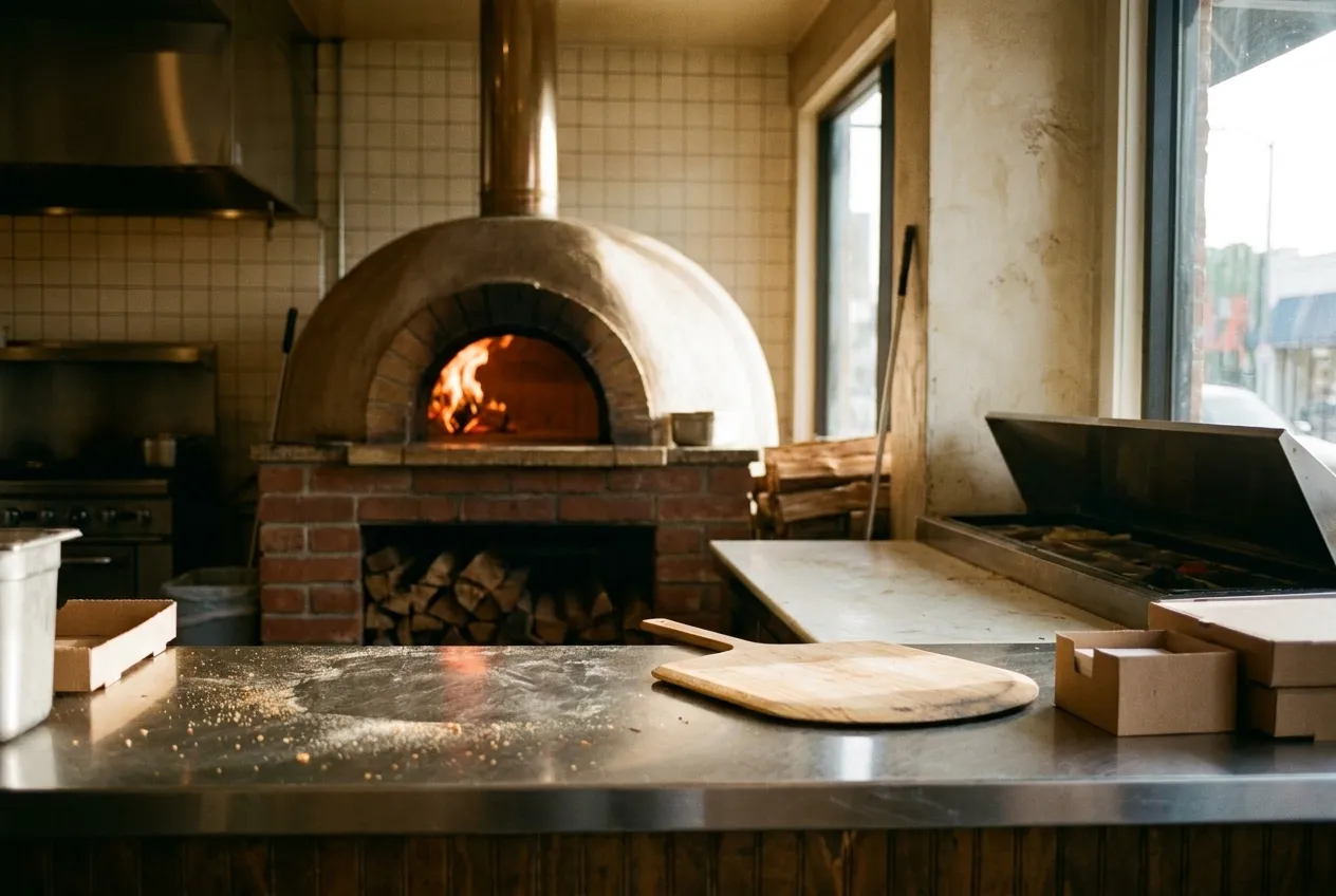 View from a pizza counter in Los Angeles showing a wood-fired dome oven with visible flame in the background