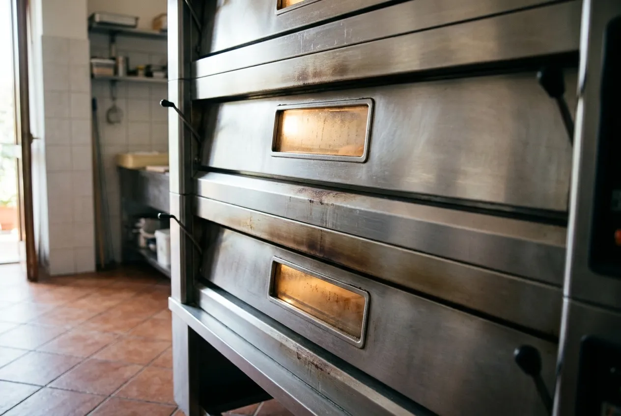Steel deck oven with stacked doors in a commercial pizza kitchen