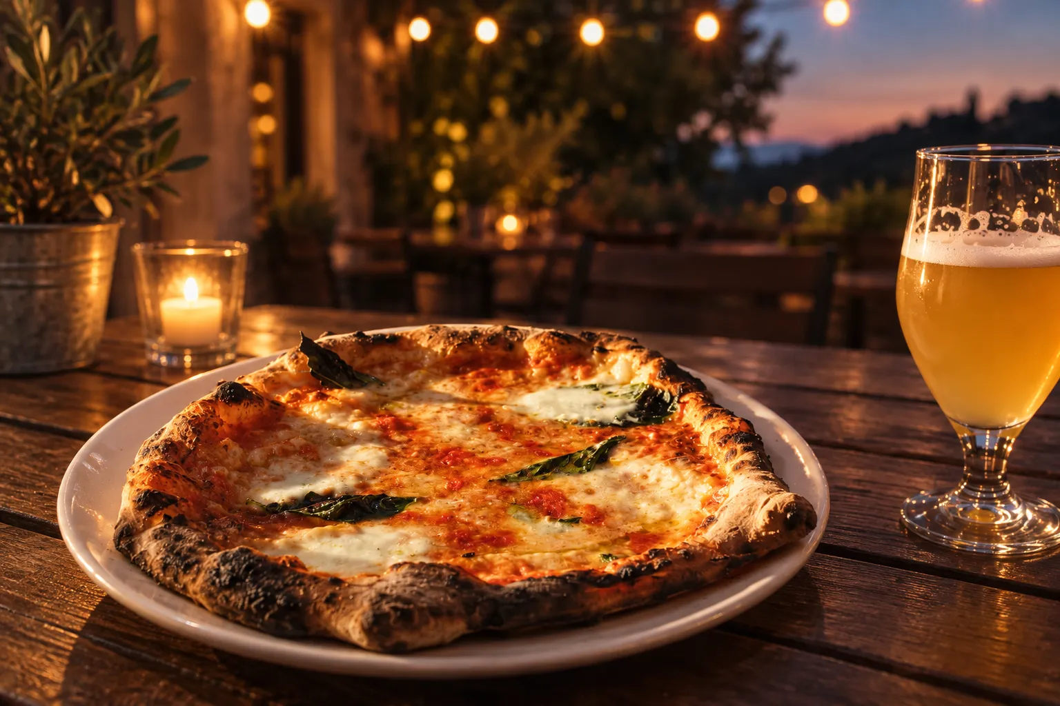 A whole personal thin-crust pizza with leopard-spotted char on a white plate on an outdoor table, string lights blurred above at dusk