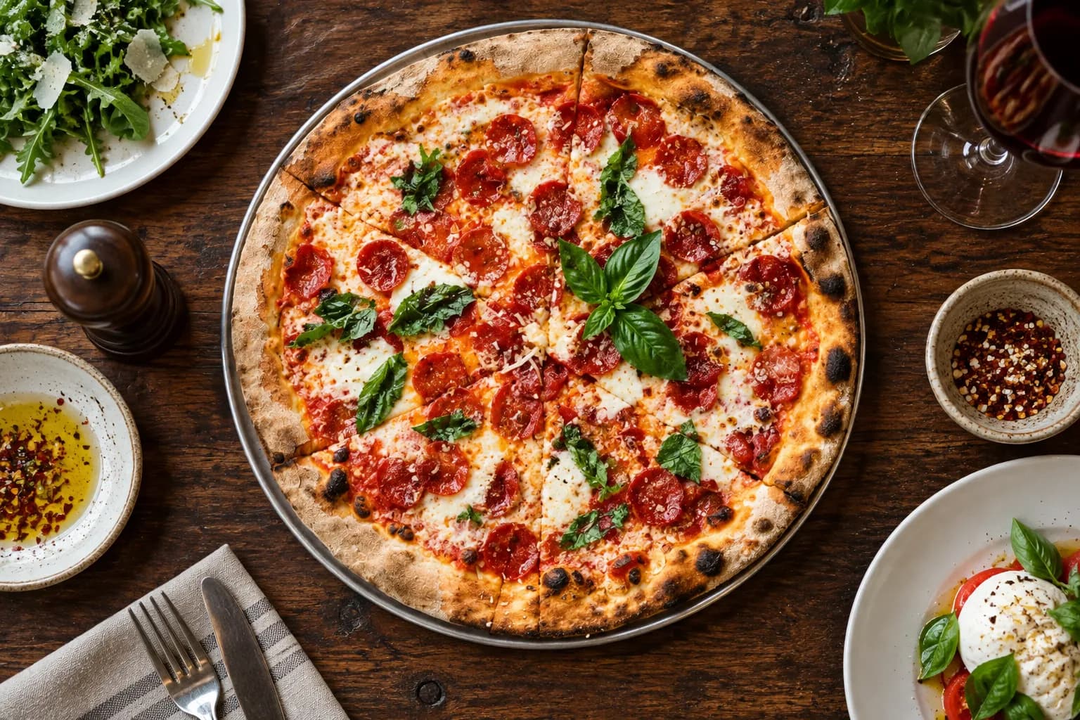 A thin-crust brick oven pizza on a metal tray with charred blistered edges, fresh mozzarella and torn basil, seen from directly above