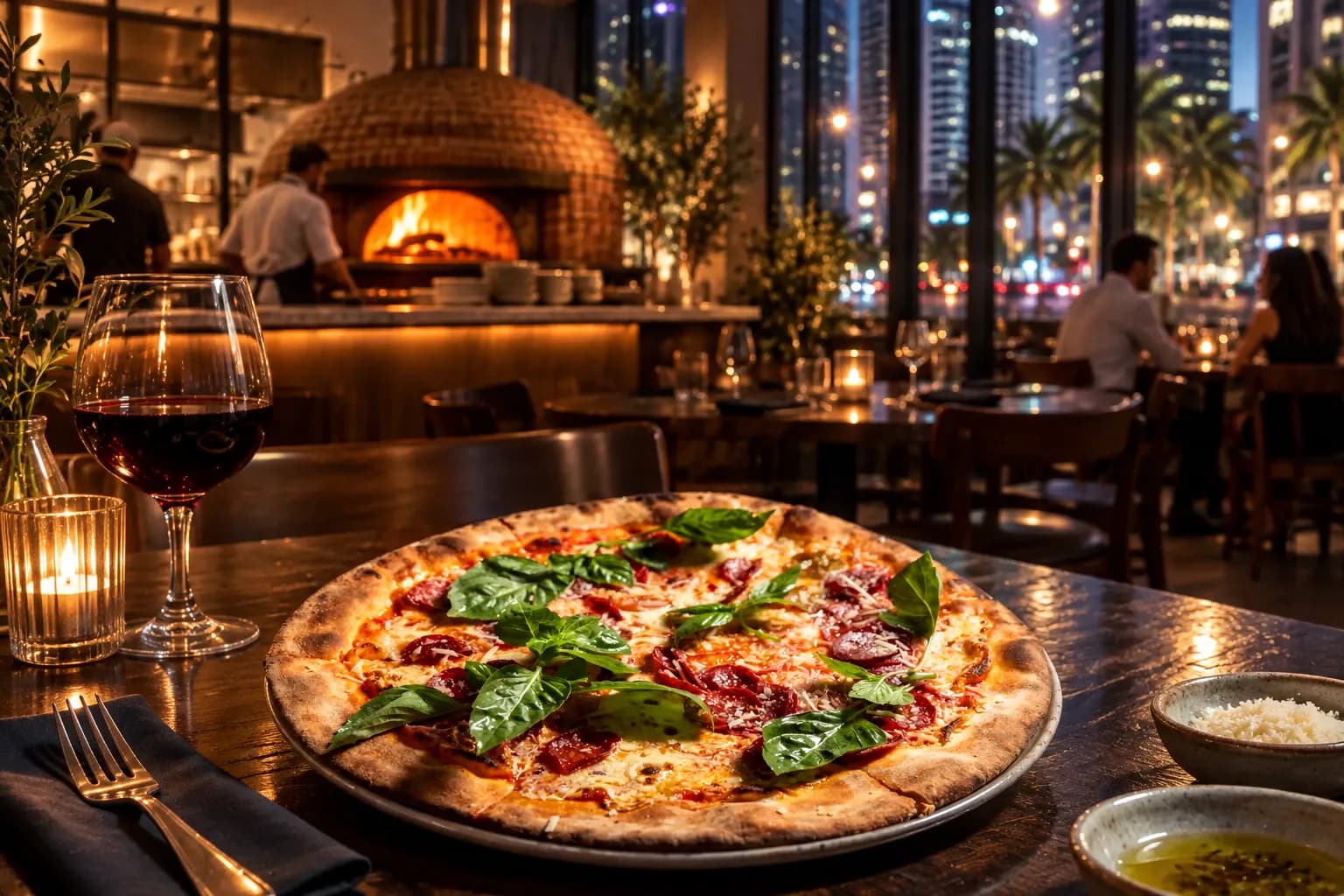A Brickell Avenue restaurant interior at night with a brick oven glowing behind the pass, dark timber tables and tall windows onto the street