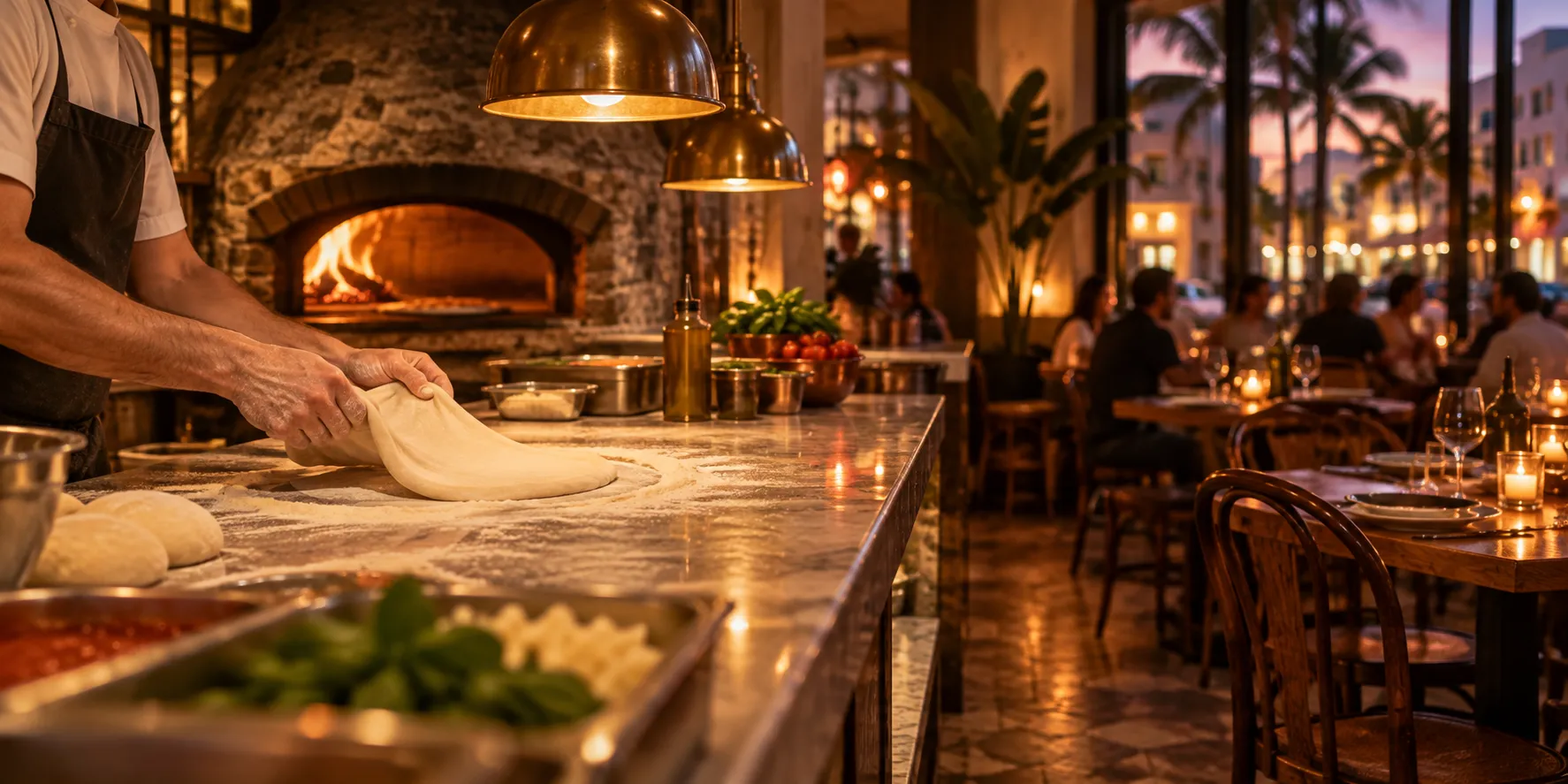 Interior of a warm, dimly lit Miami Beach pizzeria with an open kitchen counter, timber tables and pendant lights above the pass