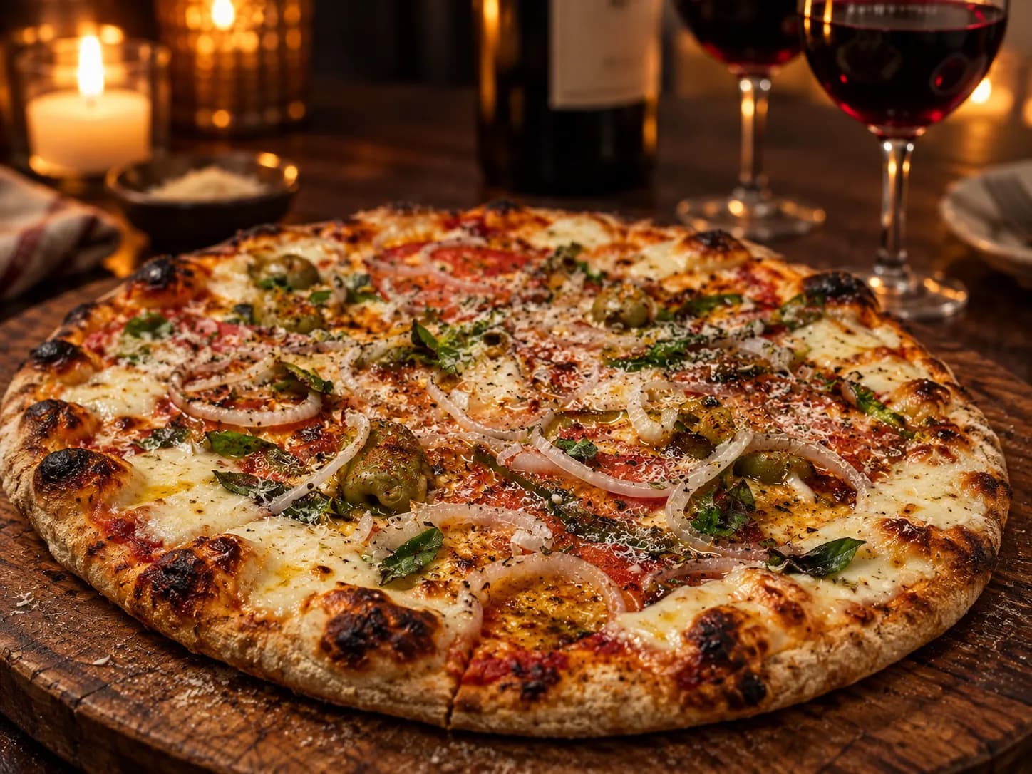 A thin-crust pizza on a wooden board with a scattering of basil, the crust bubbled and charred at the edges under low warm light
