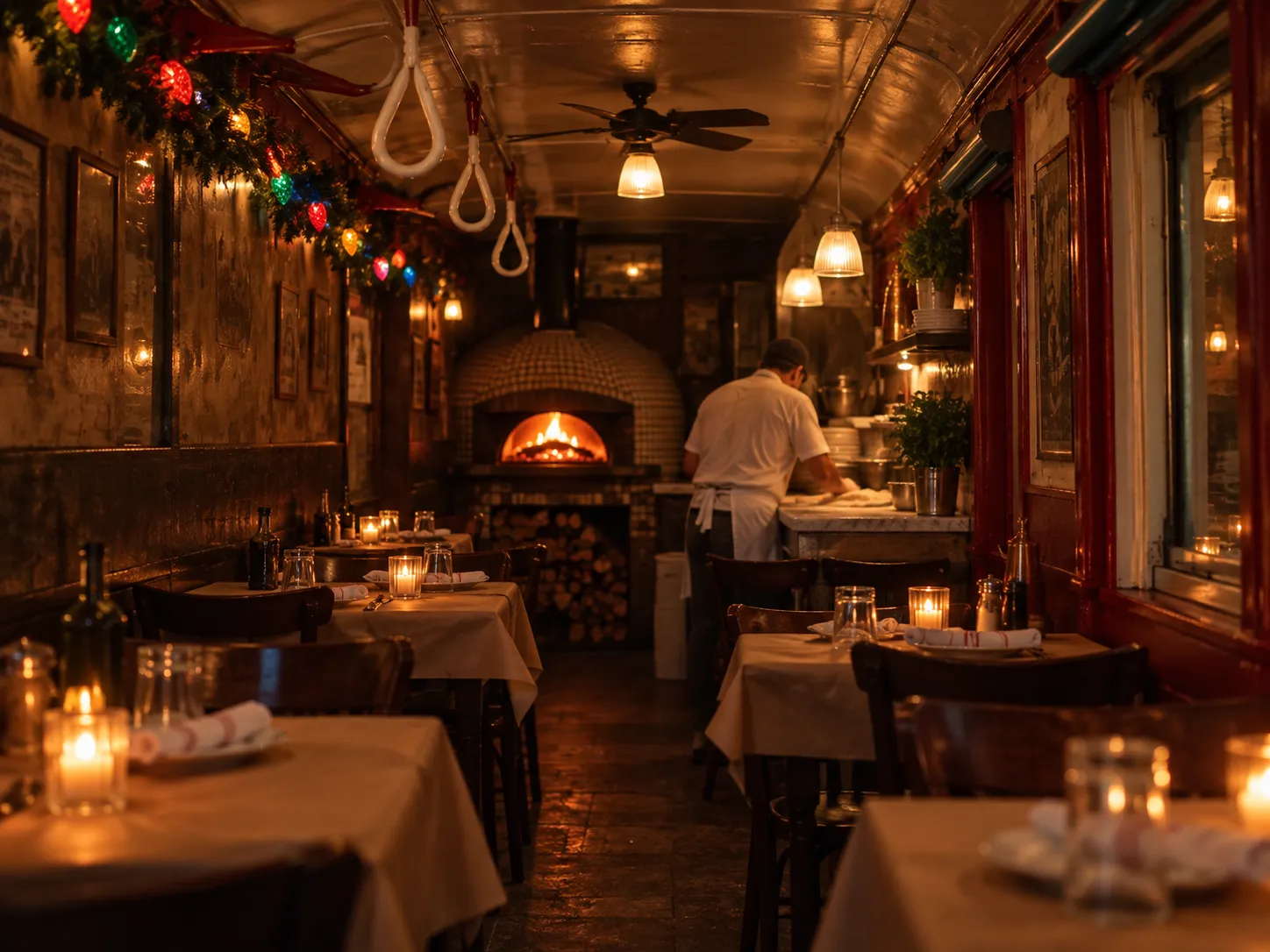 A dim pizzeria interior with a brick oven glowing at the back, small tables with paper covers and candles in glass holders