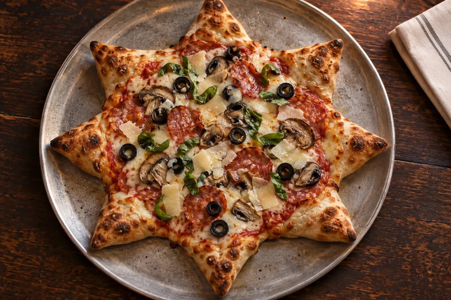 Overhead view of a star-shaped pizza on a metal tray, its sealed dough points radiating from a round centre of tomato, cheese and cured meat