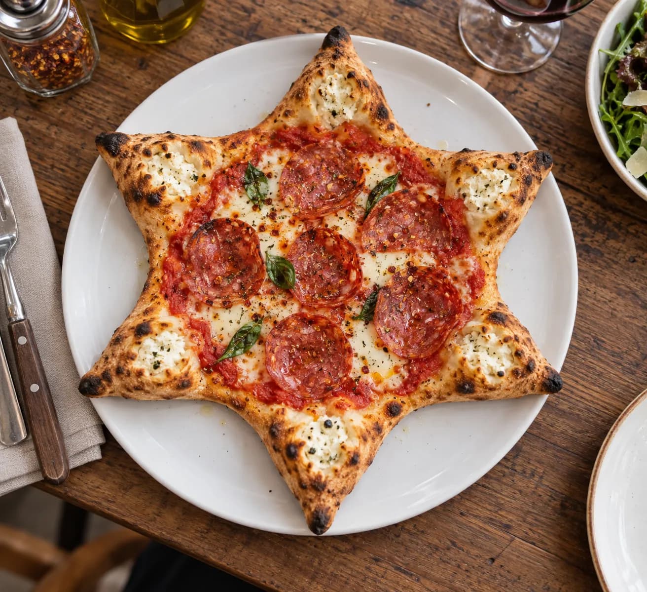 A star-shaped thin crust pizza seen from above, its points filled and sealed, centre covered in tomato, mozzarella and spicy salami