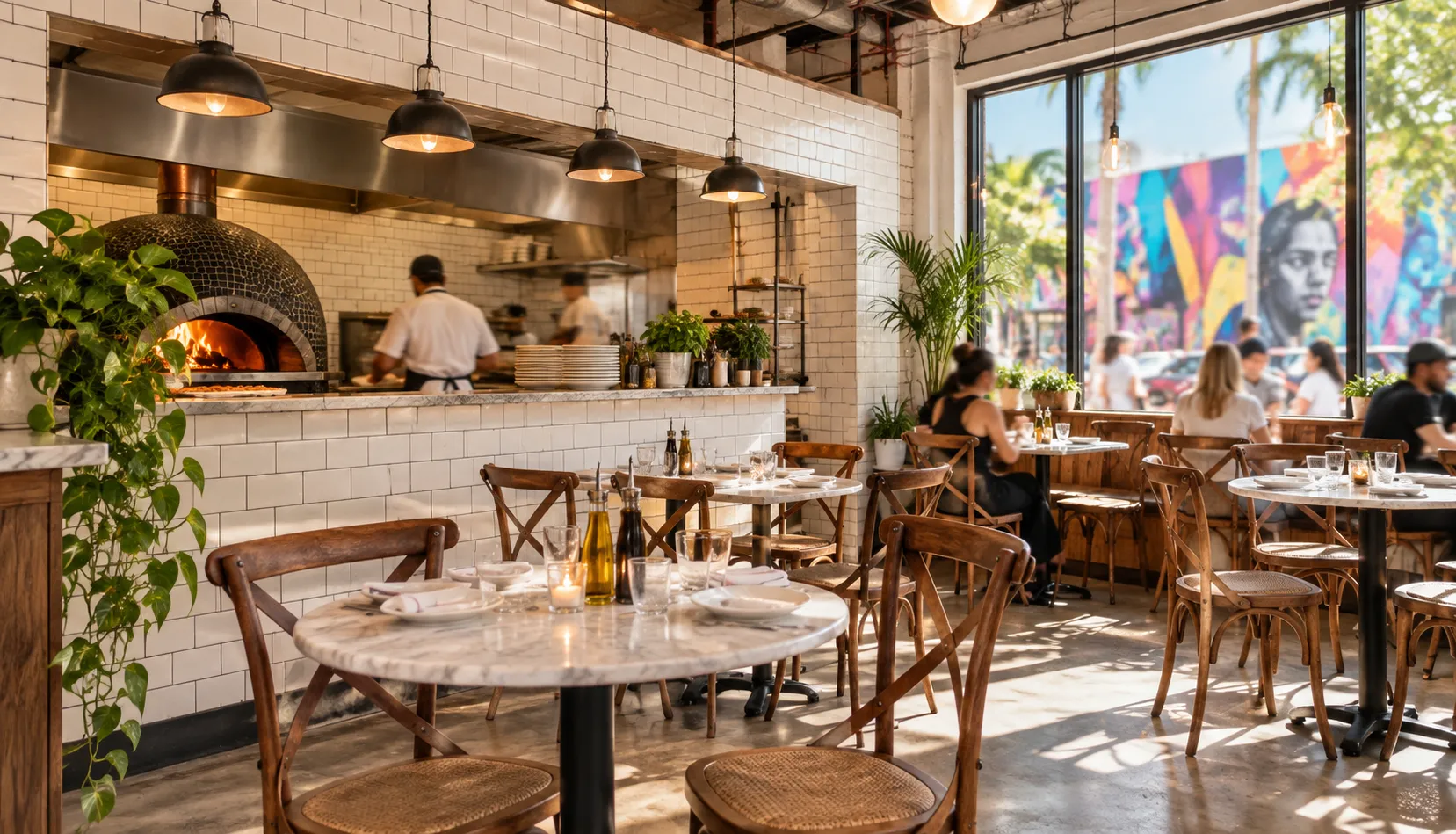 A bright Wynwood pizzeria interior with white subway tile, an open pass, marble-topped tables and street art visible through the front window