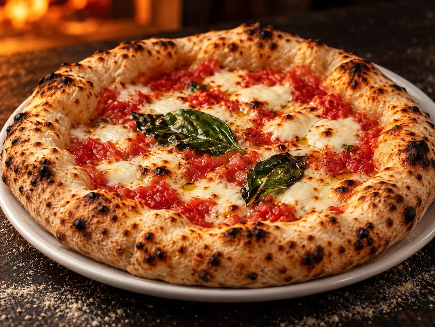 A Neapolitan pizza with a puffed leopard-spotted rim, torn mozzarella and basil, on a plain plate beside a wood-fired oven