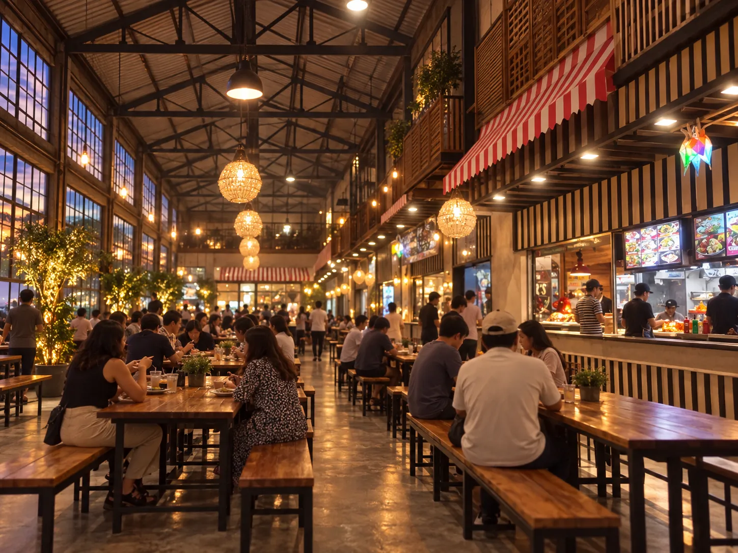 The interior of a converted warehouse food hall: exposed steel trusses, communal tables and lit vendor stalls along one side
