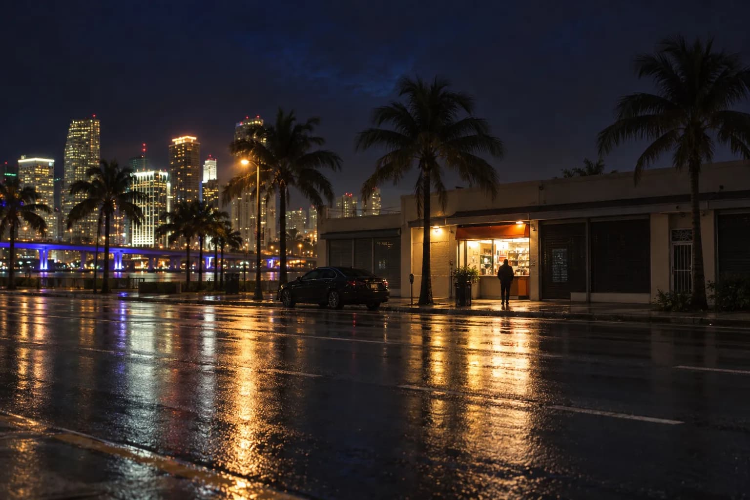 A wide Miami boulevard well after midnight, palms along the verge and one small lit counter shop glowing among dark units on a wet road