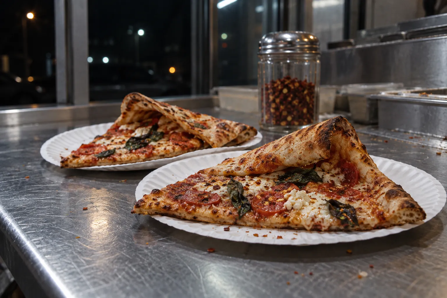 Two folded pizza slices on paper plates on a worn stainless counter under fluorescent light at night, a chilli shaker blurred behind