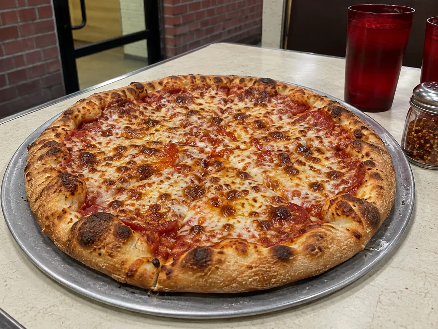 A large hand-tossed pizza with browned cheese and a puffed edge on a metal tray under fluorescent light in a plain pizzeria