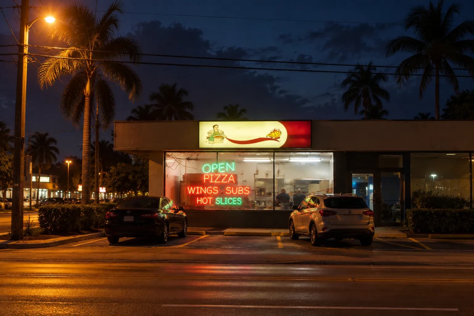 A pizzeria storefront on a wide suburban boulevard at night, interior lights on and an empty parking bay in front