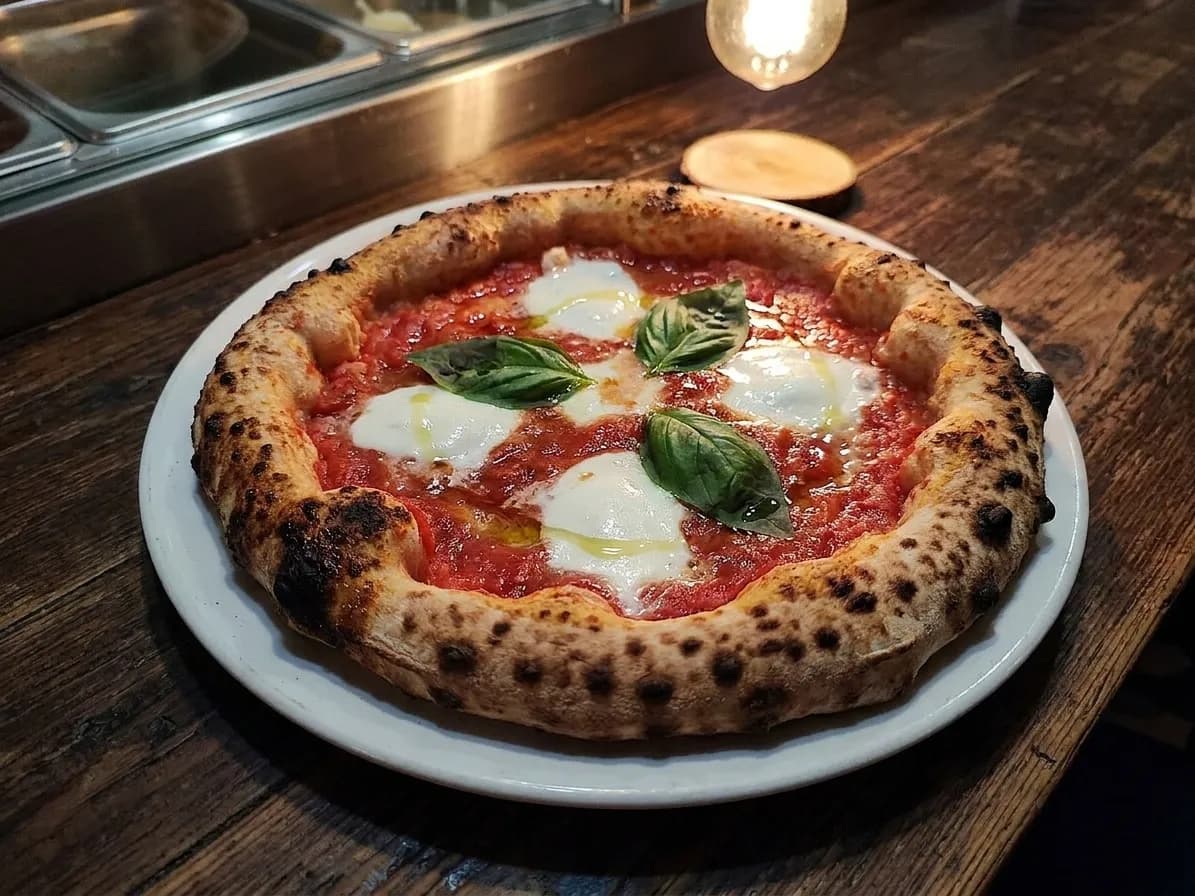 A blistered naturally leavened margherita pizza on a white plate on a dark wooden table in a dim Lower East Side dining room