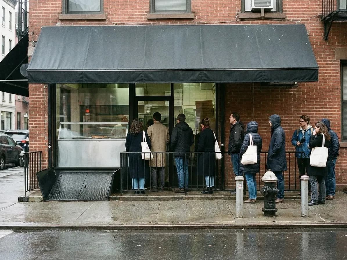 A line of people waiting along the sidewalk railing outside a small New York slice counter on a wet grey afternoon
