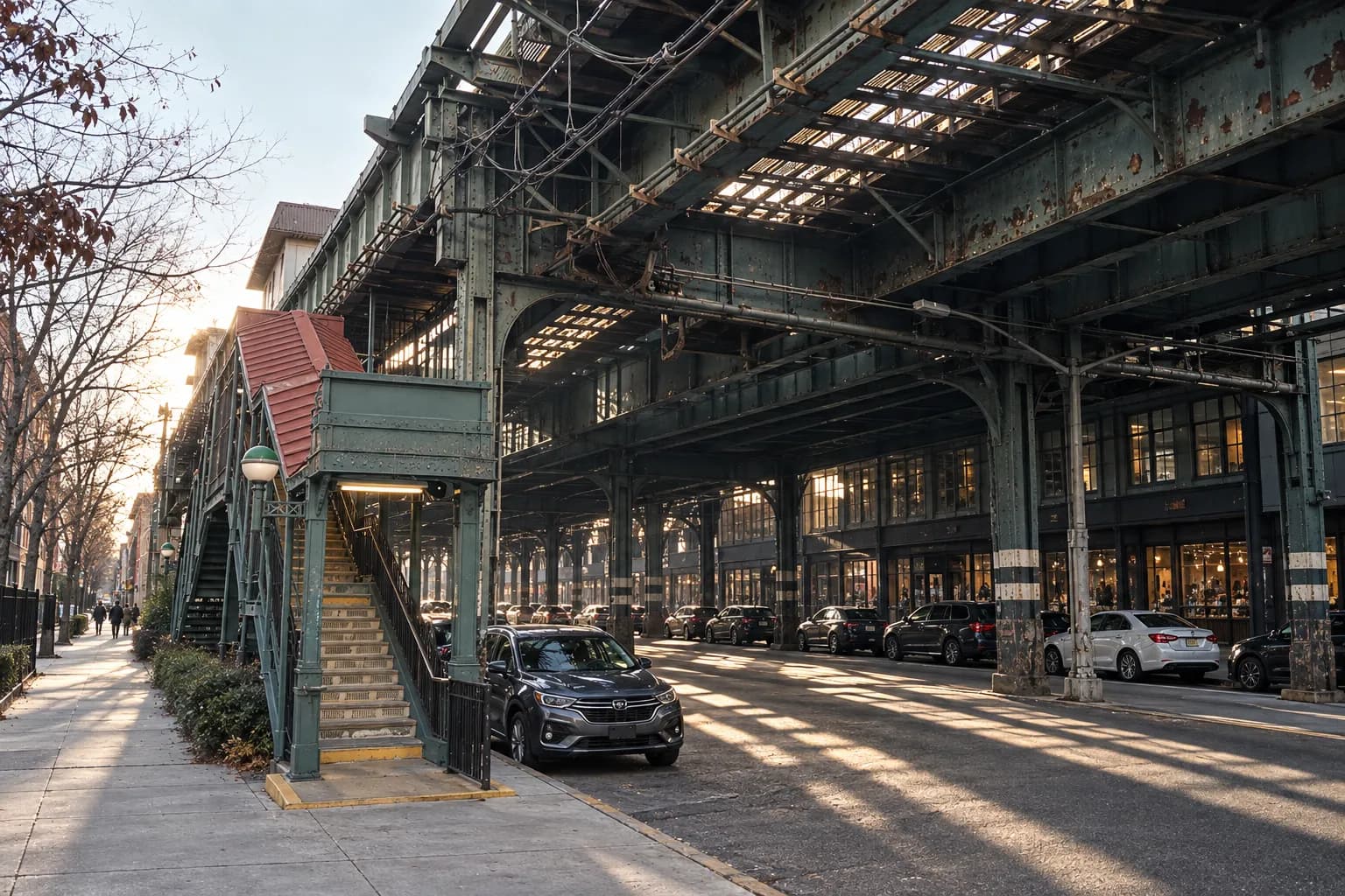 A Brooklyn avenue under an elevated train structure in low winter sun, light striping the road through the tracks, two-storey shopfronts beneath