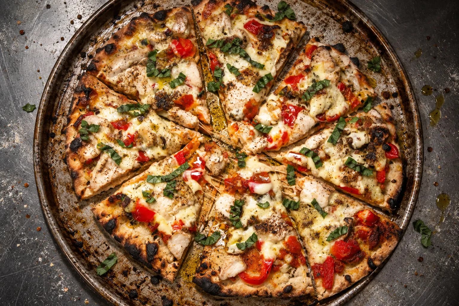 A whole charred round pizza on a battered metal tray, torn mozzarella pooled unevenly, scissored basil and a slick of olive oil, shot overhead