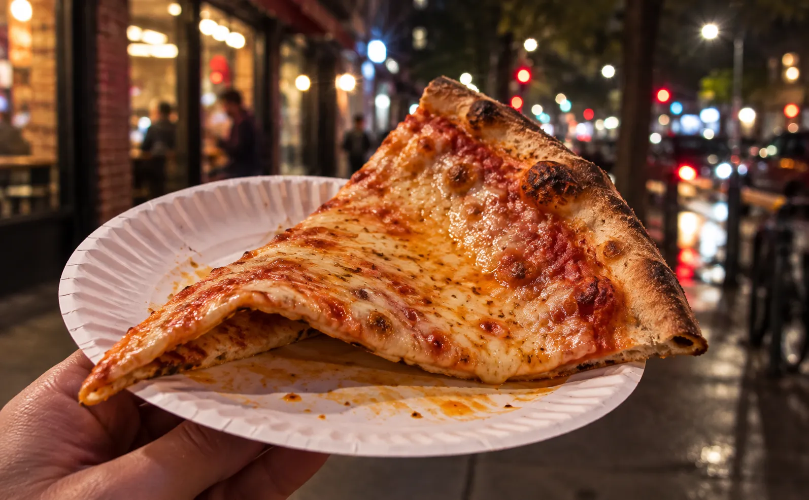 A single plain New York cheese slice on a paper plate, folded once, with visible oil sheen and a blistered thin crust edge