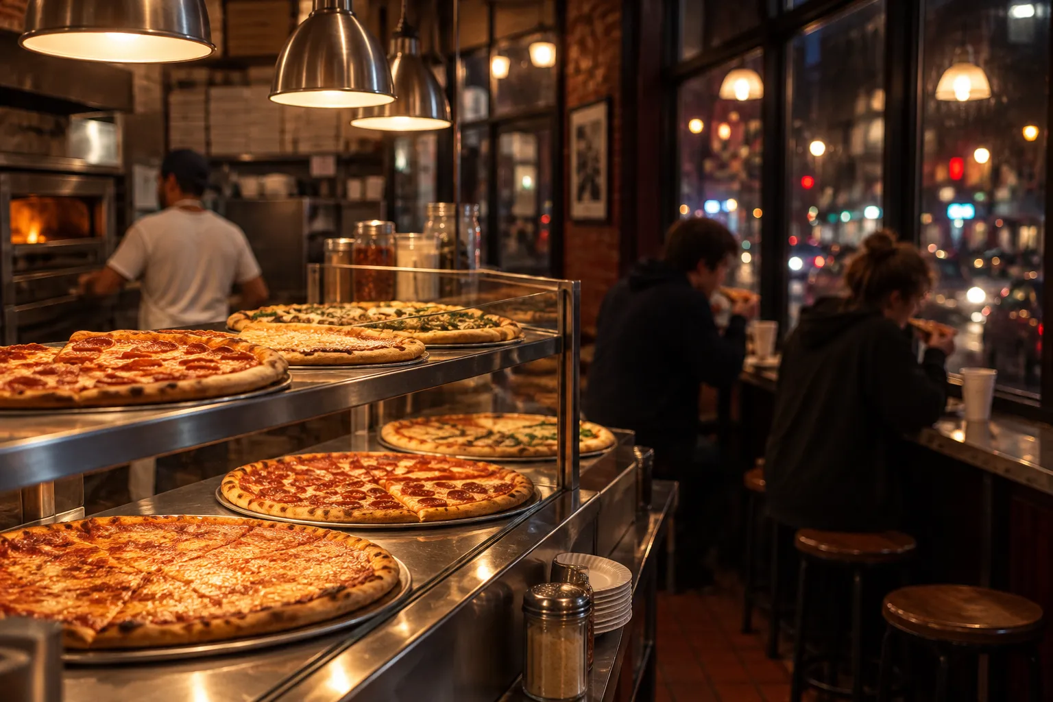 A narrow corner pizza counter at night with a warming shelf of whole pies and a standing shelf along the window where people eat