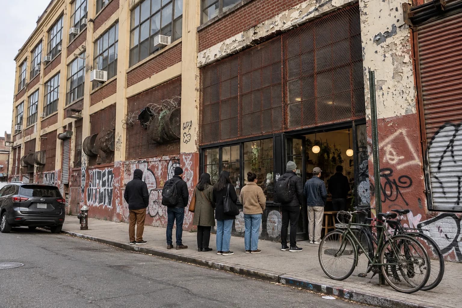 A short line of people waiting outside a narrow Brooklyn shopfront in flat afternoon light, low brick buildings and fire escapes behind