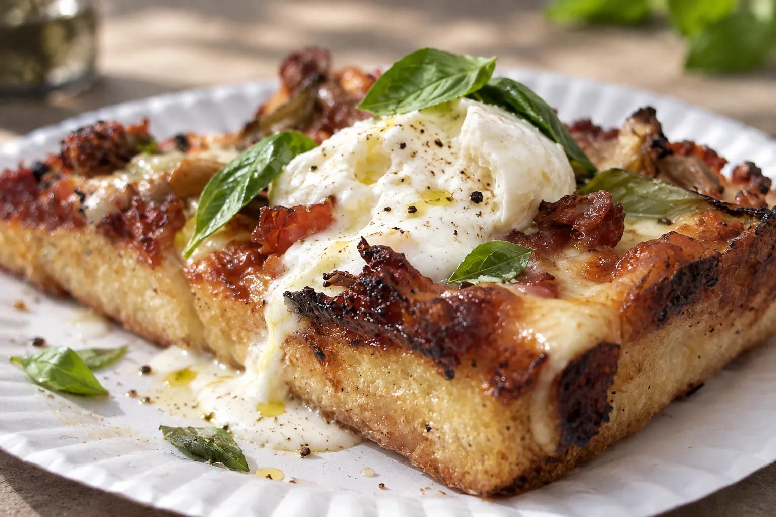 A triangular pizza slice on a paper plate with a torn ball of fresh white cheese collapsed over the centre, cream running towards the crust